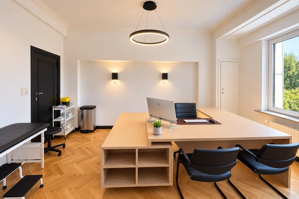Cabinet de consultation lumineux : bureau en bois clair, table d'examen et parquet en chevrons